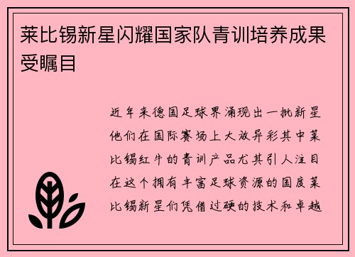 莱比锡新星闪耀国家队青训培养成果受瞩目