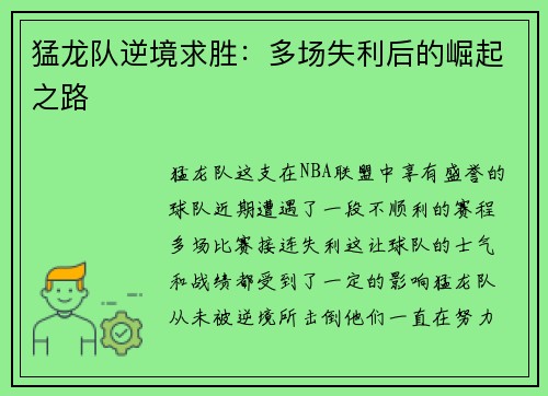 猛龙队逆境求胜：多场失利后的崛起之路