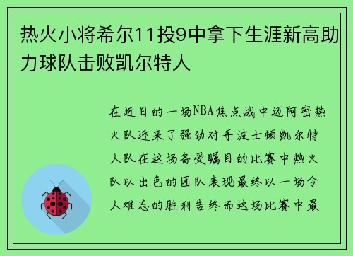 热火小将希尔11投9中拿下生涯新高助力球队击败凯尔特人